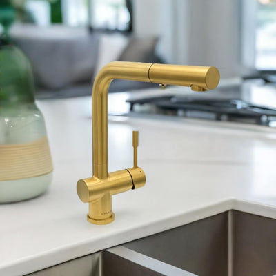 Nassau Stainless Steel 1 Handle Pull-Out Swivel Kitchen Faucet with PVD Finish Includes Baseplate in Brushed Gold finish Nassau Stainless Steel 1 Handle Pull-Out Swivel Kitchen Faucet with PVD Finish Includes Baseplate in Brushed Gold finish