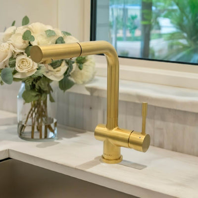 Nassau Stainless Steel 1 Handle Pull-Out Swivel Kitchen Faucet with PVD Finish Includes Baseplate in Brushed Gold finish Nassau Stainless Steel 1 Handle Pull-Out Swivel Kitchen Faucet with PVD Finish Includes Baseplate in Brushed Gold finish