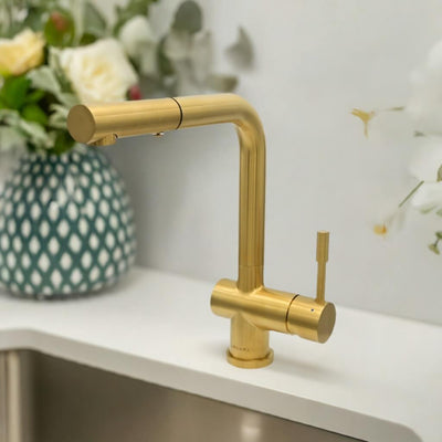Nassau Stainless Steel 1 Handle Pull-Out Swivel Kitchen Faucet with PVD Finish Includes Baseplate in Brushed Gold finish Nassau Stainless Steel 1 Handle Pull-Out Swivel Kitchen Faucet with PVD Finish Includes Baseplate in Brushed Gold finish