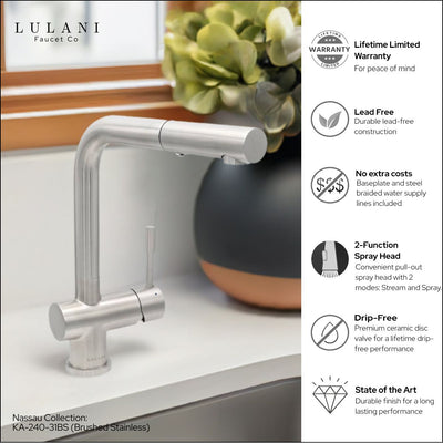 Nassau Stainless Steel 1 Handle Pull-Out Swivel Kitchen Faucet with PVD Finish Includes Baseplate in Brushed Stainless finish Nassau Stainless Steel 1 Handle Pull-Out Swivel Kitchen Faucet with PVD Finish Includes Baseplate in Brushed Stainless finish