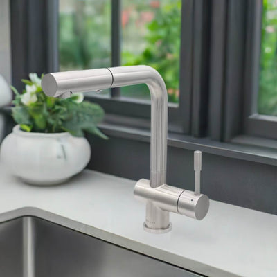 Nassau Stainless Steel 1 Handle Pull-Out Swivel Kitchen Faucet with PVD Finish Includes Baseplate in Brushed Stainless finish Nassau Stainless Steel 1 Handle Pull-Out Swivel Kitchen Faucet with PVD Finish Includes Baseplate in Brushed Stainless finish