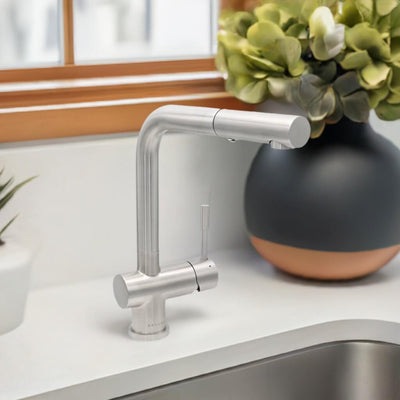 Nassau Stainless Steel 1 Handle Pull-Out Swivel Kitchen Faucet with PVD Finish Includes Baseplate in Brushed Stainless finish Nassau Stainless Steel 1 Handle Pull-Out Swivel Kitchen Faucet with PVD Finish Includes Baseplate in Brushed Stainless finish