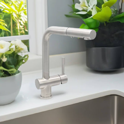 Nassau Stainless Steel 1 Handle Pull-Out Swivel Kitchen Faucet with PVD Finish Includes Baseplate in Brushed Stainless finish Nassau Stainless Steel 1 Handle Pull-Out Swivel Kitchen Faucet with PVD Finish Includes Baseplate in Brushed Stainless finish