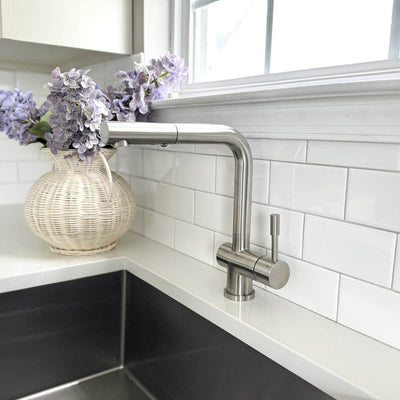 Nassau Stainless Steel 1 Handle Pull-Out Swivel Kitchen Faucet with PVD Finish Includes Baseplate in Brushed Stainless finish Nassau Stainless Steel 1 Handle Pull-Out Swivel Kitchen Faucet with PVD Finish Includes Baseplate in Brushed Stainless finish