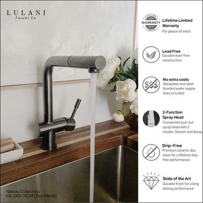 Nassau Stainless Steel 1 Handle Pull-Out Swivel Kitchen Faucet with PVD Finish Includes Baseplate in Gun Metal finish Nassau Stainless Steel 1 Handle Pull-Out Swivel Kitchen Faucet with PVD Finish Includes Baseplate in Gun Metal finish