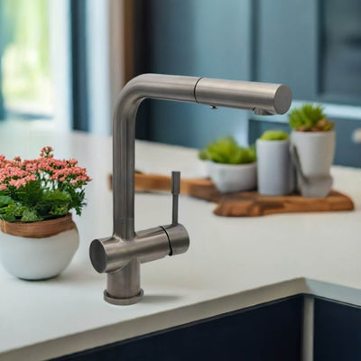 Nassau Stainless Steel 1 Handle Pull-Out Swivel Kitchen Faucet with PVD Finish Includes Baseplate in Gun Metal finish Nassau Stainless Steel 1 Handle Pull-Out Swivel Kitchen Faucet with PVD Finish Includes Baseplate in Gun Metal finish