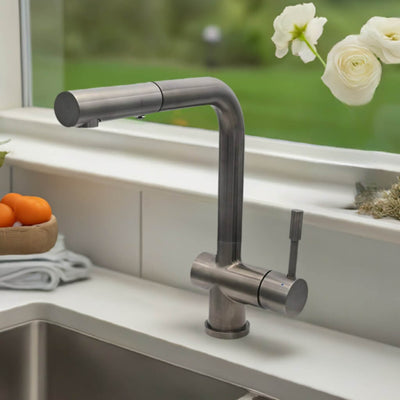 Nassau Stainless Steel 1 Handle Pull-Out Swivel Kitchen Faucet with PVD Finish Includes Baseplate in Gun Metal finish Nassau Stainless Steel 1 Handle Pull-Out Swivel Kitchen Faucet with PVD Finish Includes Baseplate in Gun Metal finish