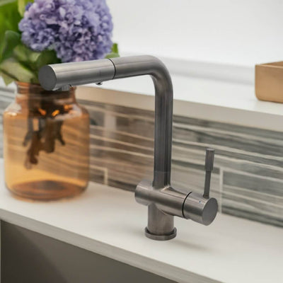 Nassau Stainless Steel 1 Handle Pull-Out Swivel Kitchen Faucet with PVD Finish Includes Baseplate in Gun Metal finish Nassau Stainless Steel 1 Handle Pull-Out Swivel Kitchen Faucet with PVD Finish Includes Baseplate in Gun Metal finish