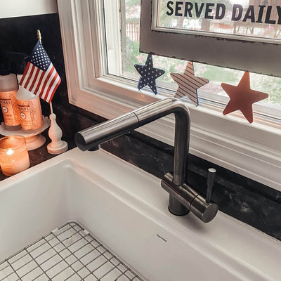 Nassau Stainless Steel 1 Handle Pull-Out Swivel Kitchen Faucet with PVD Finish Includes Baseplate in Gun Metal finish Nassau Stainless Steel 1 Handle Pull-Out Swivel Kitchen Faucet with PVD Finish Includes Baseplate in Gun Metal finish