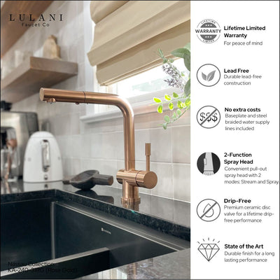 Nassau Stainless Steel 1 Handle Pull-Out Swivel Kitchen Faucet with PVD Finish Includes Baseplate in Rose Gold finish Nassau Stainless Steel 1 Handle Pull-Out Swivel Kitchen Faucet with PVD Finish Includes Baseplate in Rose Gold finish
