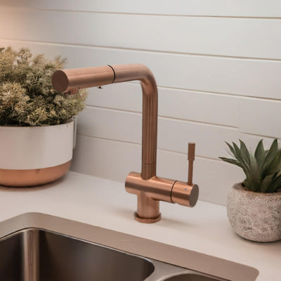 Nassau Stainless Steel 1 Handle Pull-Out Swivel Kitchen Faucet with PVD Finish Includes Baseplate in Rose Gold finish Nassau Stainless Steel 1 Handle Pull-Out Swivel Kitchen Faucet with PVD Finish Includes Baseplate in Rose Gold finish