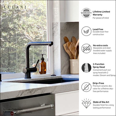 Nassau Stainless Steel 1 Handle Pull-Out Swivel Kitchen Faucet with PVD Finish Includes Baseplate in Steel Black finish Nassau Stainless Steel 1 Handle Pull-Out Swivel Kitchen Faucet with PVD Finish Includes Baseplate in Steel Black finish