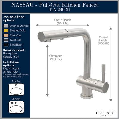 Nassau Stainless Steel 1 Handle Pull-Out Swivel Kitchen Faucet with PVD Finish Includes Baseplate in All finish Nassau Stainless Steel 1 Handle Pull-Out Swivel Kitchen Faucet with PVD Finish Includes Baseplate in All finish