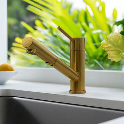 Bali - Stainless Steel 1 Handle 2-Function Pull-Out Swivel Kitchen Faucet with Baseplate in Brushed Gold finish Bali - Stainless Steel 1 Handle 2-Function Pull-Out Swivel Kitchen Faucet with Baseplate in Brushed Gold finish