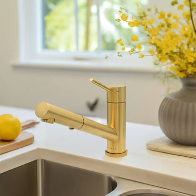 Bali - Stainless Steel 1 Handle 2-Function Pull-Out Swivel Kitchen Faucet with Baseplate in Brushed Gold finish Bali - Stainless Steel 1 Handle 2-Function Pull-Out Swivel Kitchen Faucet with Baseplate in Brushed Gold finish