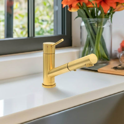 Bali - Stainless Steel 1 Handle 2-Function Pull-Out Swivel Kitchen Faucet with Baseplate in Brushed Gold finish Bali - Stainless Steel 1 Handle 2-Function Pull-Out Swivel Kitchen Faucet with Baseplate in Brushed Gold finish