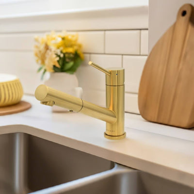 Bali - Stainless Steel 1 Handle 2-Function Pull-Out Swivel Kitchen Faucet with Baseplate in Brushed Gold finish Bali - Stainless Steel 1 Handle 2-Function Pull-Out Swivel Kitchen Faucet with Baseplate in Brushed Gold finish
