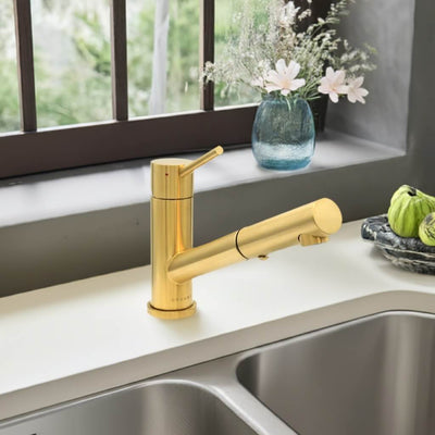 Bali - Stainless Steel 1 Handle 2-Function Pull-Out Swivel Kitchen Faucet with Baseplate in Brushed Gold finish Bali - Stainless Steel 1 Handle 2-Function Pull-Out Swivel Kitchen Faucet with Baseplate in Brushed Gold finish