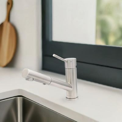 Bali - Stainless Steel 1 Handle 2-Function Pull-Out Swivel Kitchen Faucet with Baseplate in Brushed Stainless finish Bali - Stainless Steel 1 Handle 2-Function Pull-Out Swivel Kitchen Faucet with Baseplate in Brushed Stainless finish