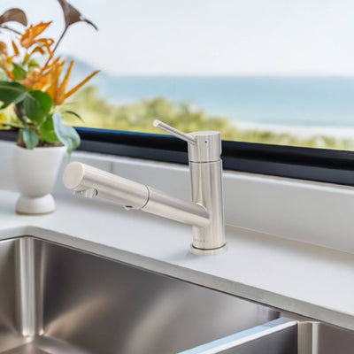 Bali - Stainless Steel 1 Handle 2-Function Pull-Out Swivel Kitchen Faucet with Baseplate in Brushed Stainless finish Bali - Stainless Steel 1 Handle 2-Function Pull-Out Swivel Kitchen Faucet with Baseplate in Brushed Stainless finish