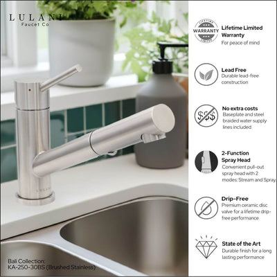 Bali - Stainless Steel 1 Handle 2-Function Pull-Out Swivel Kitchen Faucet with Baseplate in Brushed Stainless finish Bali - Stainless Steel 1 Handle 2-Function Pull-Out Swivel Kitchen Faucet with Baseplate in Brushed Stainless finish