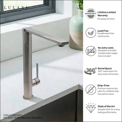 Cebu Stainless Steel 1 Handle Swivel Kitchen Faucet with Baseplate in Brushed Stainless finish Cebu Stainless Steel 1 Handle Swivel Kitchen Faucet with Baseplate in Brushed Stainless finish