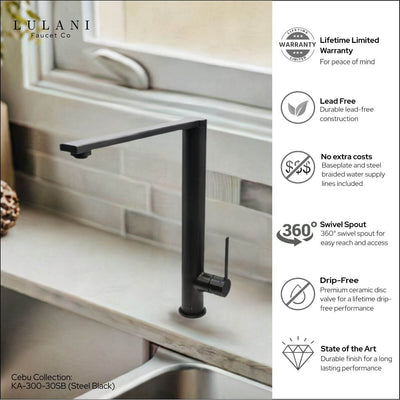 Cebu Stainless Steel 1 Handle Swivel Kitchen Faucet with Baseplate in Steel Black finish Cebu Stainless Steel 1 Handle Swivel Kitchen Faucet with Baseplate in Steel Black finish