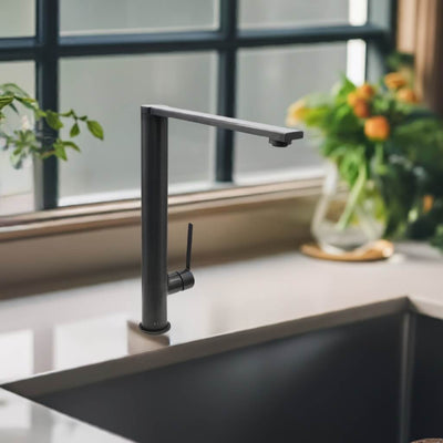 Cebu Stainless Steel 1 Handle Swivel Kitchen Faucet with Baseplate in Steel Black finish Cebu Stainless Steel 1 Handle Swivel Kitchen Faucet with Baseplate in Steel Black finish