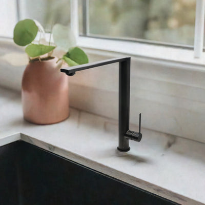 Cebu Stainless Steel 1 Handle Swivel Kitchen Faucet with Baseplate in Steel Black finish Cebu Stainless Steel 1 Handle Swivel Kitchen Faucet with Baseplate in Steel Black finish
