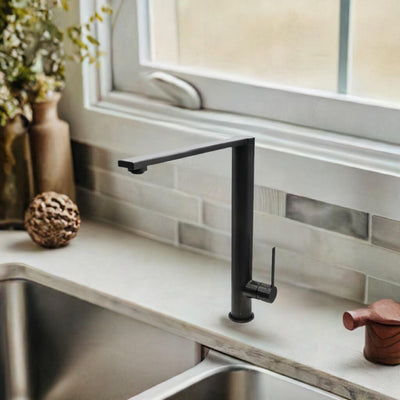 Cebu Stainless Steel 1 Handle Swivel Kitchen Faucet with Baseplate in Steel Black finish Cebu Stainless Steel 1 Handle Swivel Kitchen Faucet with Baseplate in Steel Black finish