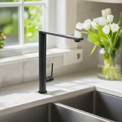Cebu Stainless Steel 1 Handle Swivel Kitchen Faucet with Baseplate in Steel Black finish Cebu Stainless Steel 1 Handle Swivel Kitchen Faucet with Baseplate in Steel Black finish