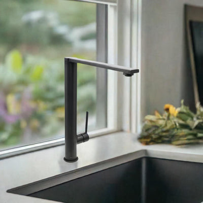 Cebu Stainless Steel 1 Handle Swivel Kitchen Faucet with Baseplate in Steel Black finish Cebu Stainless Steel 1 Handle Swivel Kitchen Faucet with Baseplate in Steel Black finish