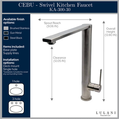 Cebu Stainless Steel 1 Handle Swivel Kitchen Faucet with Baseplate in Brushed Stainless finish Cebu Stainless Steel 1 Handle Swivel Kitchen Faucet with Baseplate in Brushed Stainless finish