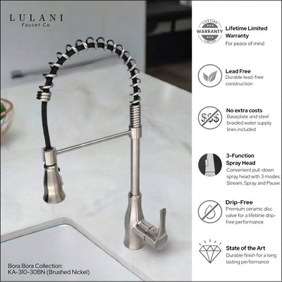 Bora Bora 1 Handle Pull-Down Swivel Kitchen Faucet with Baseplate in Brushed Nickel finish Bora Bora 1 Handle Pull-Down Swivel Kitchen Faucet with Baseplate in Brushed Nickel finish