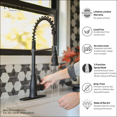 Bora Bora 1 Handle Pull-Down Swivel Kitchen Faucet with Baseplate in Matte Black finish Bora Bora 1 Handle Pull-Down Swivel Kitchen Faucet with Baseplate in Matte Black finish