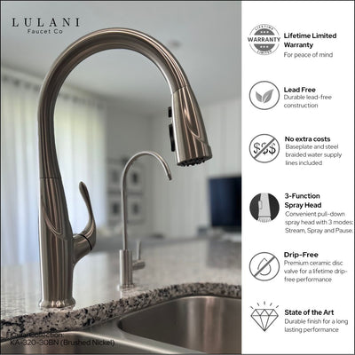 Kauai 1 Handle Swivel Pull-Down Kitchen Faucet Includes Baseplate in Brushed Nickel finish Kauai 1 Handle Swivel Pull-Down Kitchen Faucet Includes Baseplate in Brushed Nickel finish