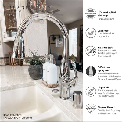 Kauai 1 Handle Swivel Pull-Down Kitchen Faucet Includes Baseplate in Chrome finish Kauai 1 Handle Swivel Pull-Down Kitchen Faucet Includes Baseplate in Chrome finish
