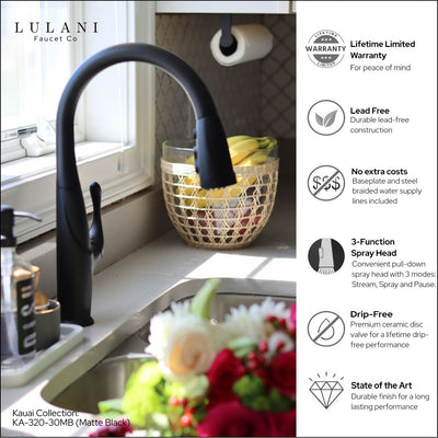 Kauai 1 Handle Swivel Pull-Down Kitchen Faucet Includes Baseplate in Matte Black finish Kauai 1 Handle Swivel Pull-Down Kitchen Faucet Includes Baseplate in Matte Black finish