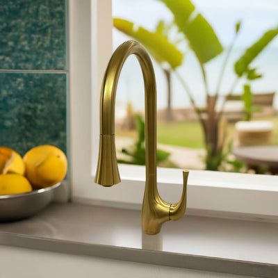 Yasawa Stainless Steel 1 Handle Pull-Down Swivel Kitchen Faucet Includes Baseplate in Brushed Gold finish Yasawa Stainless Steel 1 Handle Pull-Down Swivel Kitchen Faucet Includes Baseplate in Brushed Gold finish