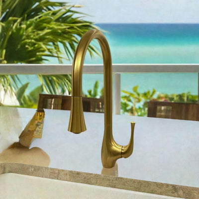 Yasawa Stainless Steel 1 Handle Pull-Down Swivel Kitchen Faucet Includes Baseplate in Brushed Gold finish Yasawa Stainless Steel 1 Handle Pull-Down Swivel Kitchen Faucet Includes Baseplate in Brushed Gold finish