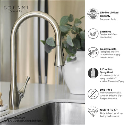 Yasawa Stainless Steel 1 Handle Pull-Down Swivel Kitchen Faucet Includes Baseplate in Brushed Stainless finish Yasawa Stainless Steel 1 Handle Pull-Down Swivel Kitchen Faucet Includes Baseplate in Brushed Stainless finish