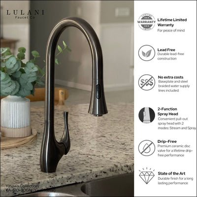 Yasawa Stainless Steel 1 Handle Pull-Down Swivel Kitchen Faucet Includes Baseplate in Gun Metal finish Yasawa Stainless Steel 1 Handle Pull-Down Swivel Kitchen Faucet Includes Baseplate in Gun Metal finish