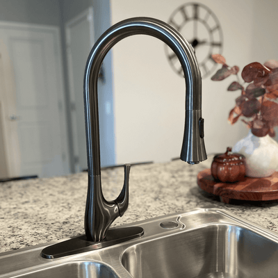 Yasawa Stainless Steel 1 Handle Pull-Down Swivel Kitchen Faucet Includes Baseplate in Gun Metal finish Yasawa Stainless Steel 1 Handle Pull-Down Swivel Kitchen Faucet Includes Baseplate in Gun Metal finish