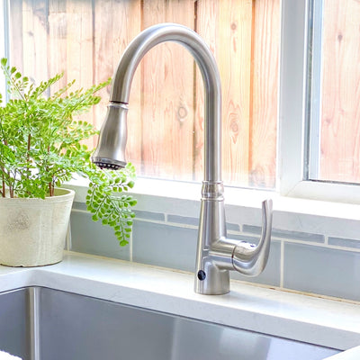 Moorea Dual Sensor 1 handle Pull-Down Kitchen Faucet Includes Baseplate in Brushed Nickel finish Moorea Dual Sensor 1 handle Pull-Down Kitchen Faucet Includes Baseplate in Brushed Nickel finish