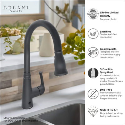 Moorea Dual Sensor 1 handle Pull-Down Kitchen Faucet Includes Baseplate in Matte Black finish Moorea Dual Sensor 1 handle Pull-Down Kitchen Faucet Includes Baseplate in Matte Black finish