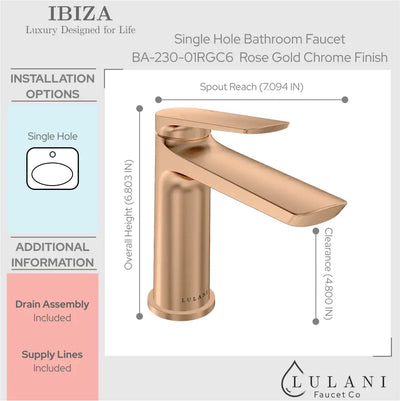 Ibiza 1 handle single hole Bathroom Faucet with drain assembly in Rose Gold finish