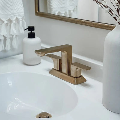Corsica 2 Handle Centerset Brass Bathroom Faucet with drain assembly in Champagne Gold finish Corsica 2 Handle Centerset Brass Bathroom Faucet with drain assembly in Champagne Gold finish