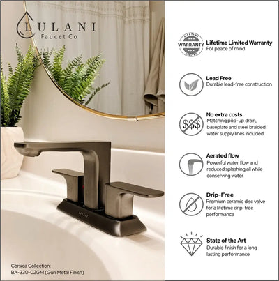 Open Box - Corsica, Centerset Bathroom Faucet with Drain Assembly in Gun Metal finish Open Box - Corsica, Centerset Bathroom Faucet with Drain Assembly in Gun Metal finish
