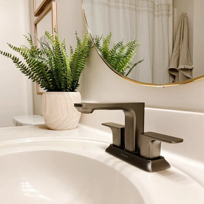 Corsica 2 Handle Centerset Brass Bathroom Faucet with drain assembly in Gun Metal finish Corsica 2 Handle Centerset Brass Bathroom Faucet with drain assembly in Gun Metal finish
