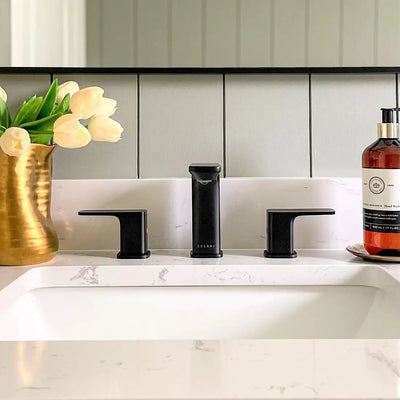 Corsica 2 Handle Widespread Brass Bathroom Faucet with drain assembly in Matte Black finish Corsica 2 Handle Widespread Brass Bathroom Faucet with drain assembly in Matte Black finish